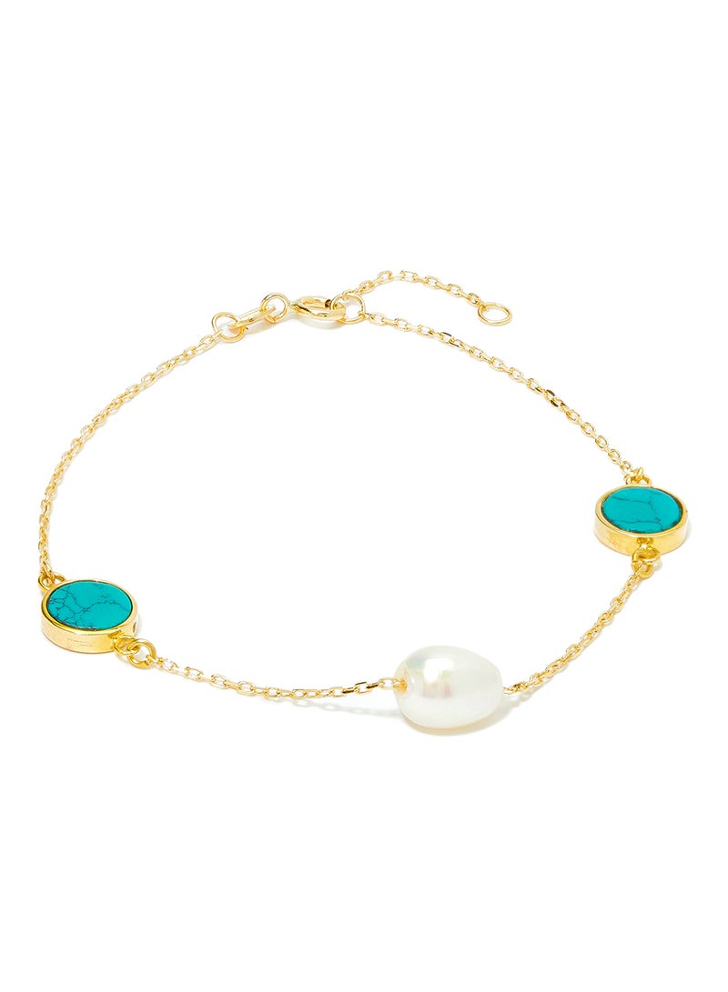 Capri Gold 18 Karat Gold Turquoise And Pearl Three Stone Bracelet - Image 1