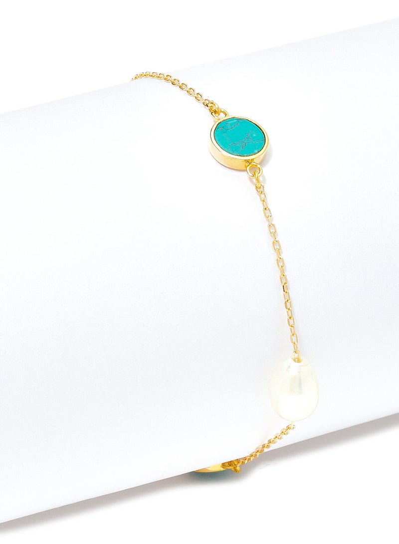 Capri Gold 18 Karat Gold Turquoise And Pearl Three Stone Bracelet - Image 2
