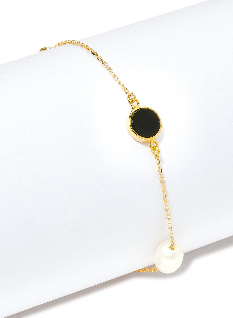Capri Gold 18 Karat Gold Black Onyx And Pearl Three Stone Bracelet - Image 2