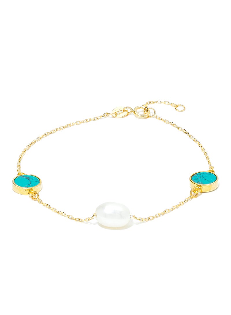 18 Karat Gold Turquoise And Pearl Three Stone Bracelet - v1573564754/N31968137A_1