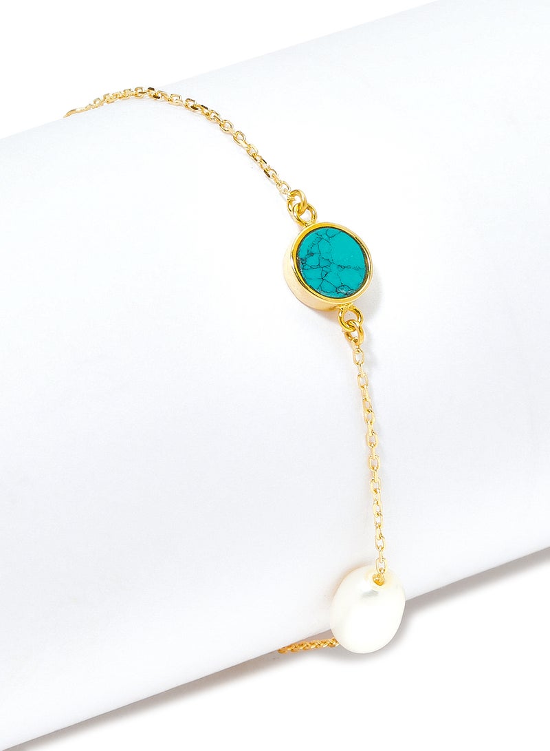 18 Karat Gold Turquoise And Pearl Three Stone Bracelet