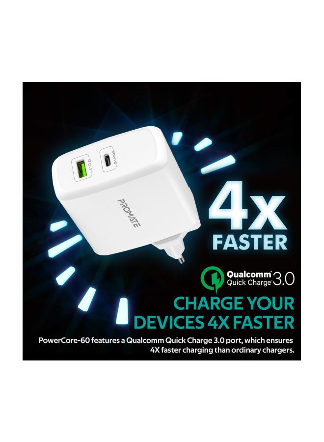 PROMATE - 60W USB-C Charger, Premium Fast Charging 60W Type-C Power Delivery Wall Charger with Ultra-Fast Qualcomm Quick Charge 3.0 Port and Multi-Regional Plugs for All USB-C Laptops, Smartphones, Tablets, PowerCore-60 White - Image 1