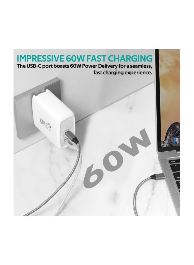 PROMATE - 60W USB-C Charger, Premium Fast Charging 60W Type-C Power Delivery Wall Charger with Ultra-Fast Qualcomm Quick Charge 3.0 Port and Multi-Regional Plugs for All USB-C Laptops, Smartphones, Tablets, PowerCore-60 White - Image 1