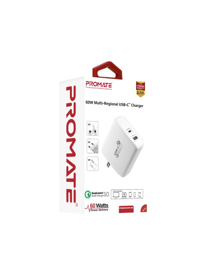 PROMATE - 60W USB-C Charger, Premium Fast Charging 60W Type-C Power Delivery Wall Charger with Ultra-Fast Qualcomm Quick Charge 3.0 Port and Multi-Regional Plugs for All USB-C Laptops, Smartphones, Tablets, PowerCore-60 White - Image 1