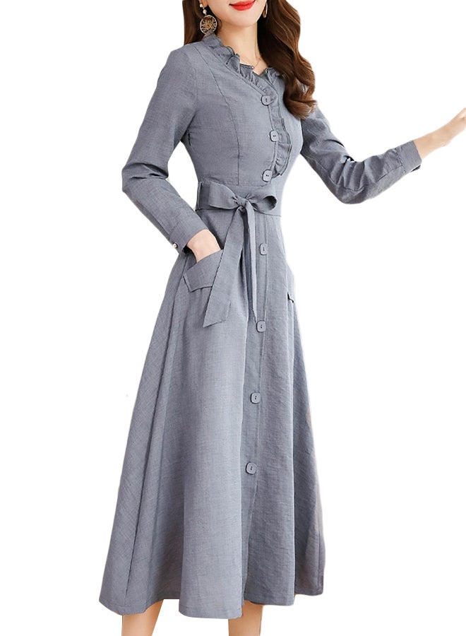 A Line V-Neck Long Sleeve Midi Dress Grey  - Image 1