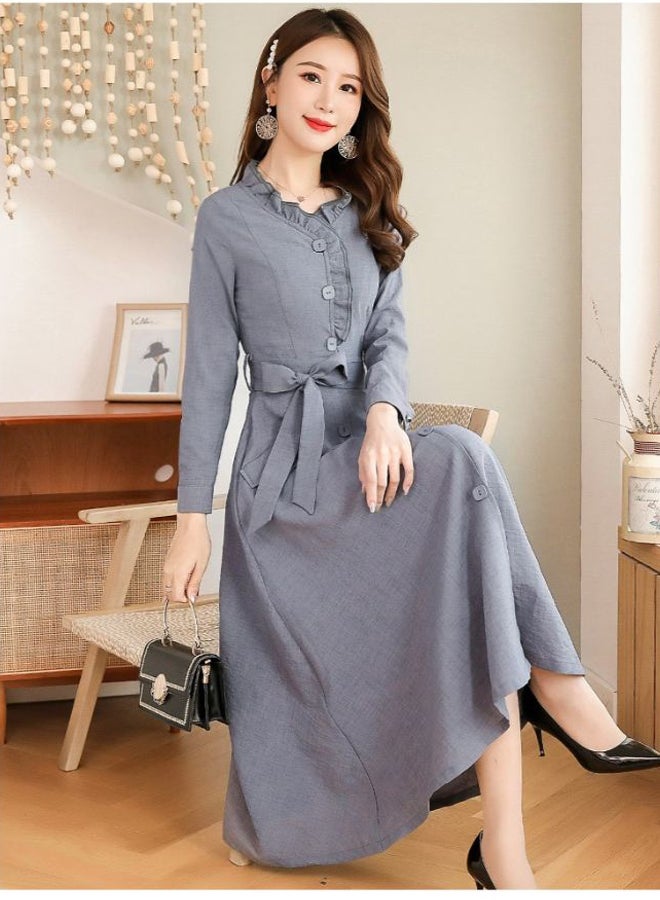 A Line V-Neck Long Sleeve Midi Dress Grey  - Image 2