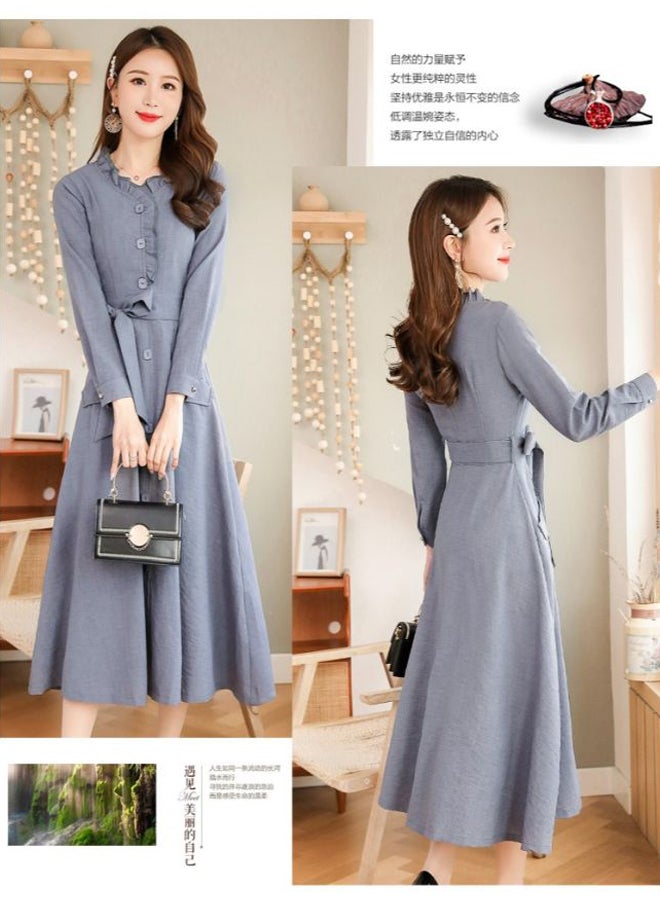 A Line V-Neck Long Sleeve Midi Dress Grey  - Image 3