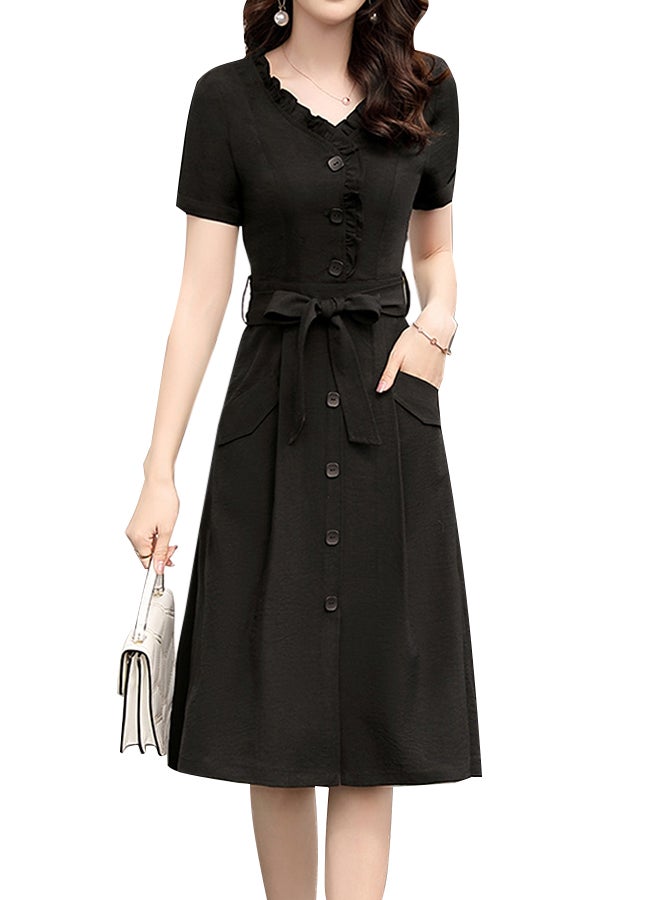 A Line V Neck Short Sleeve Midi Dress Black - Image 1