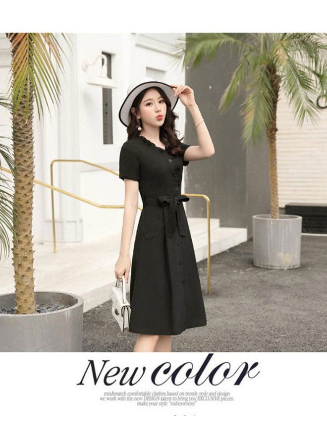 A Line V Neck Short Sleeve Midi Dress Black - Image 2