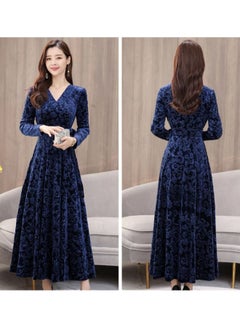 Generic A Line V Neck Long Sleeve Maxi Dress Blue  - Image 2