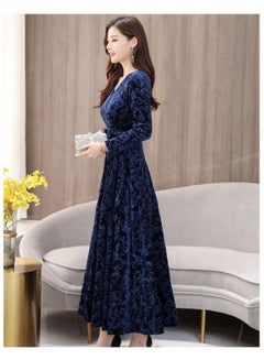 Generic A Line V Neck Long Sleeve Maxi Dress Blue  - Image 3