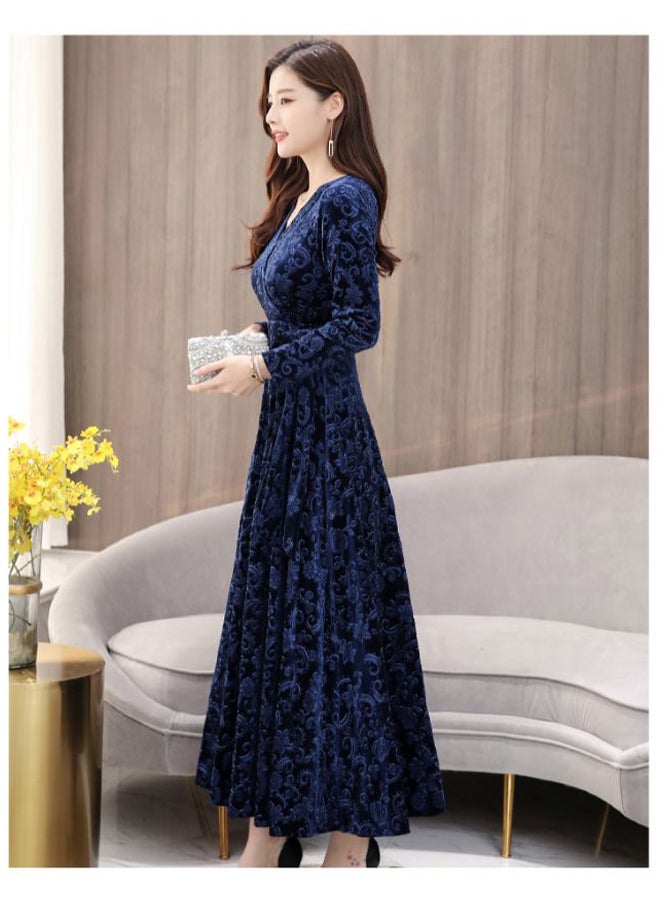 A Line V Neck Long Sleeve Maxi Dress Blue  - Image 3