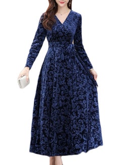 Generic A Line V Neck Long Sleeve Maxi Dress Blue  - Image 1