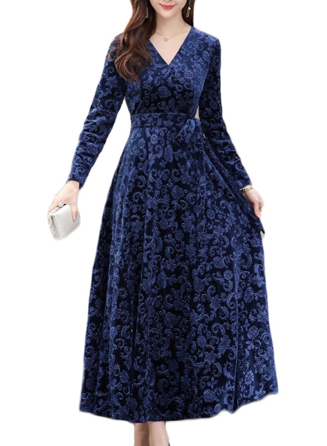 A Line V Neck Long Sleeve Maxi Dress Blue  - Image 1