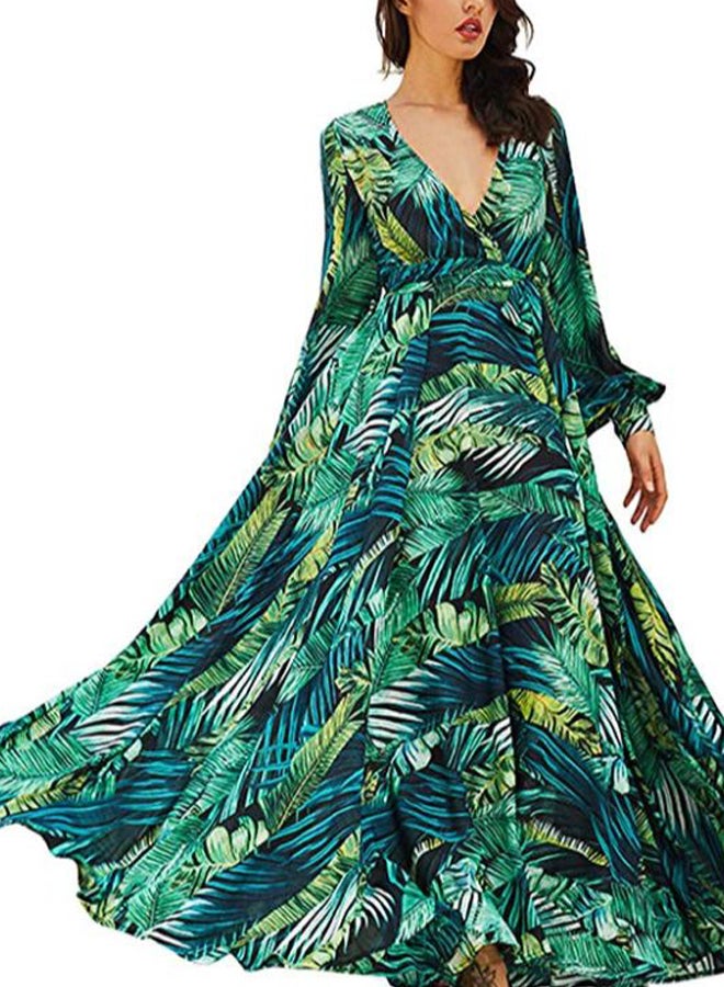 A Line V-Neck Long Sleeve Maxi Dress Green  - Image 3