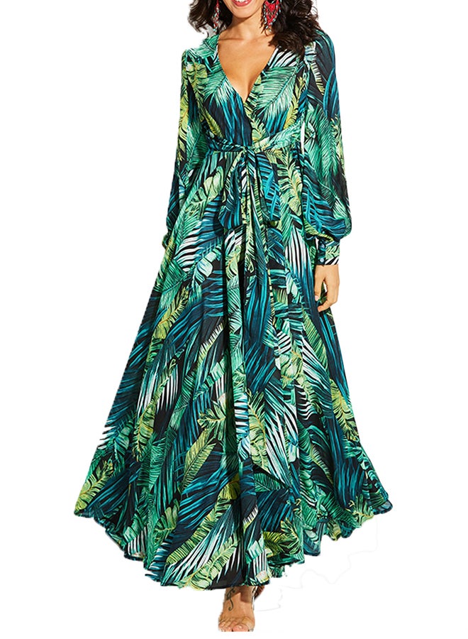 A Line V-Neck Long Sleeve Maxi Dress Green  - Image 1