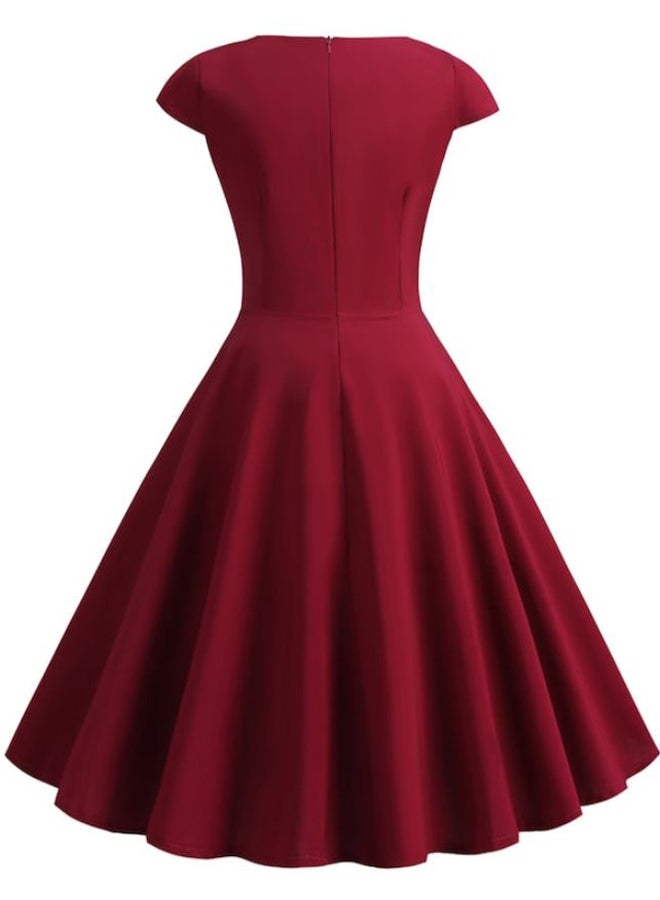 Solid Pattern A Line Short Sleeve Mini Dress Red  - Image 2