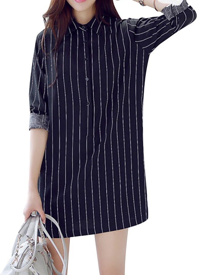 Casual Long Sleeve Mini Shirt Dress Black  - Image 1