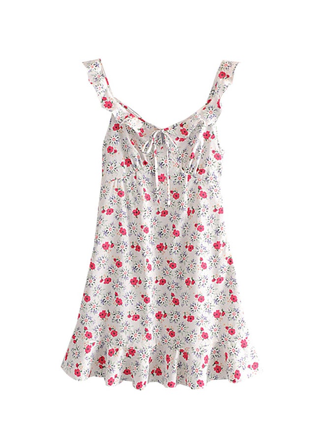 Floral Pattern Off Shoulder Sleeve Mini Dress White/Red  - Image 1