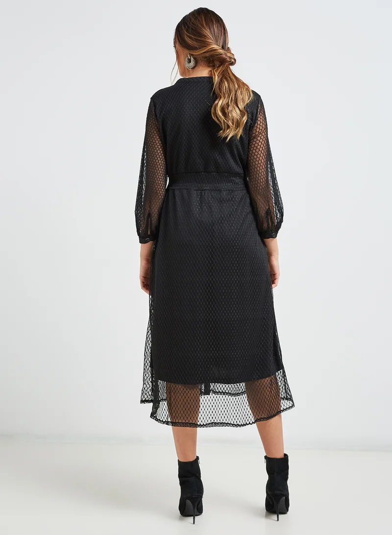 High Streets Button Down Mesh Three-Quarter Sleeve Dress Black