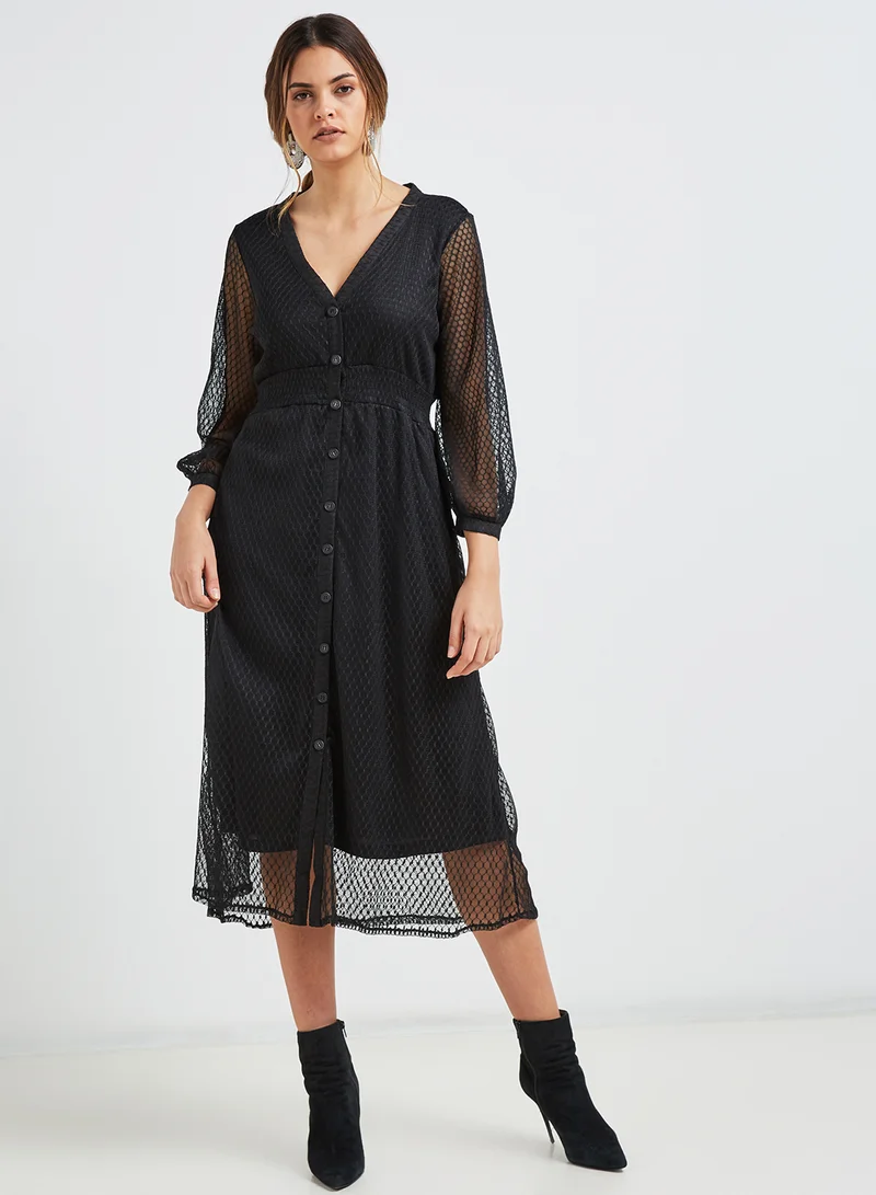 High Streets Button Down Mesh Three-Quarter Sleeve Dress Black