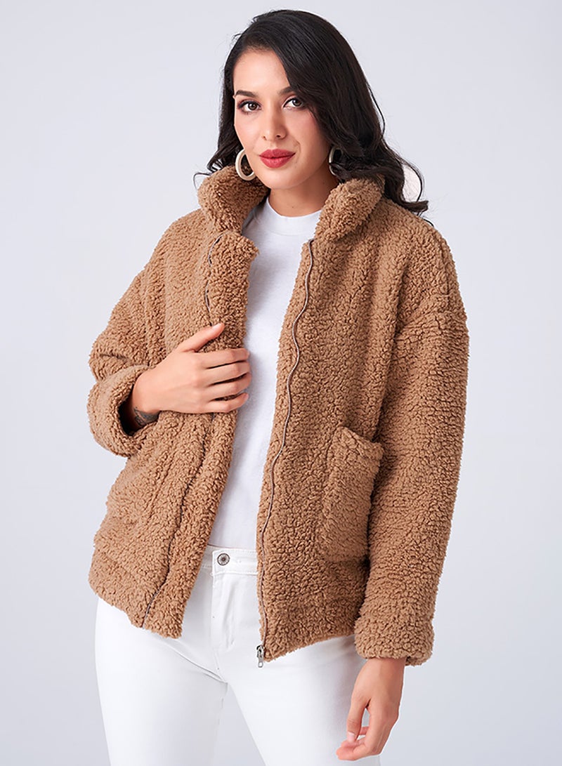 Long Sleeve Solid Design Jacket Brown  - Image 1