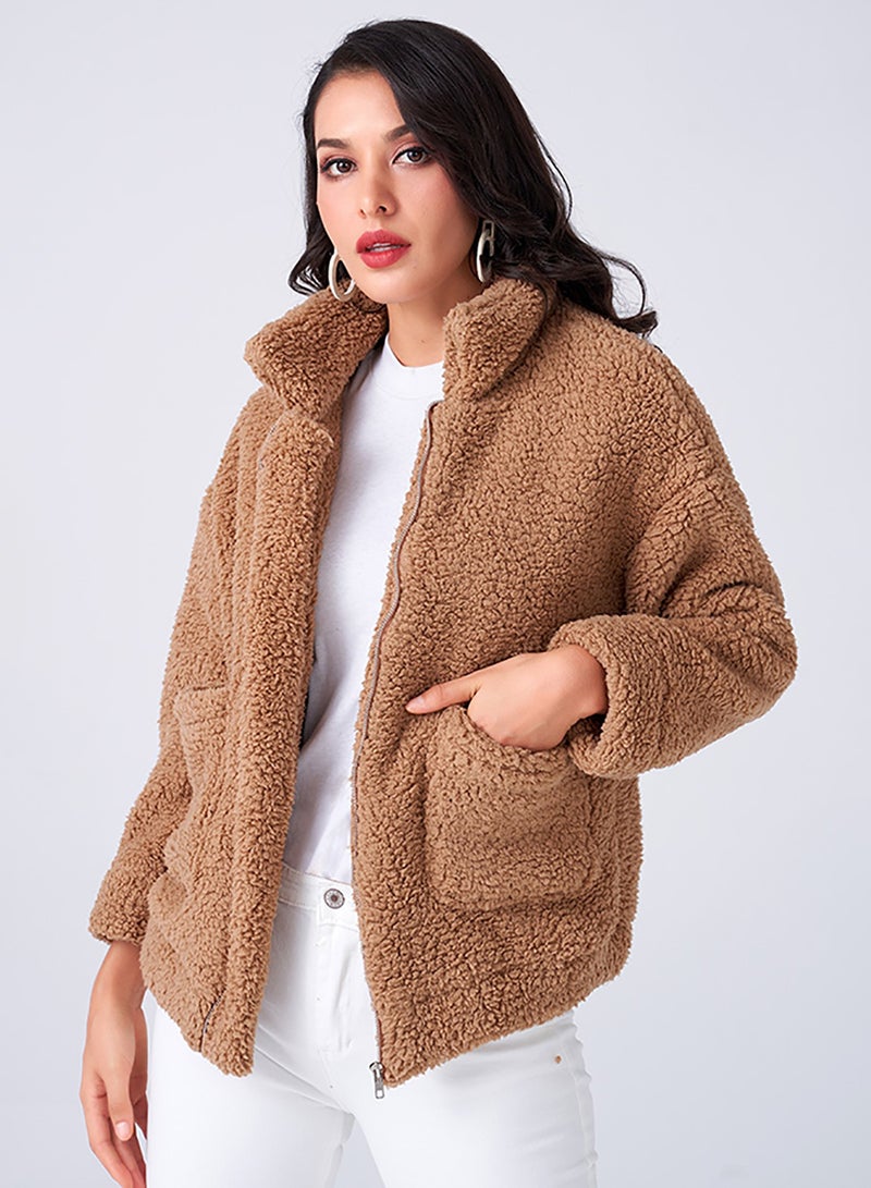 Long Sleeve Solid Design Jacket Brown  - Image 3