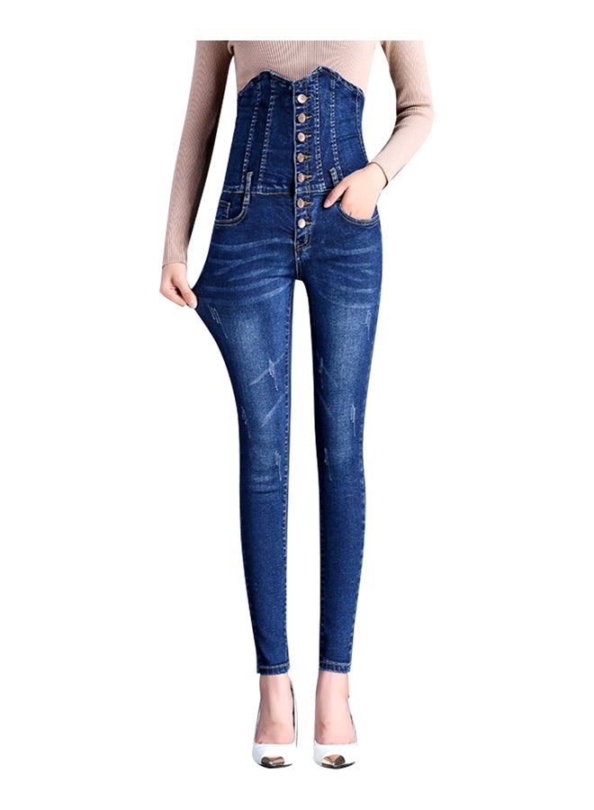 Generic - High Waist Buttons Frayed Skinny Denim Jeans Pant Black - Image 1