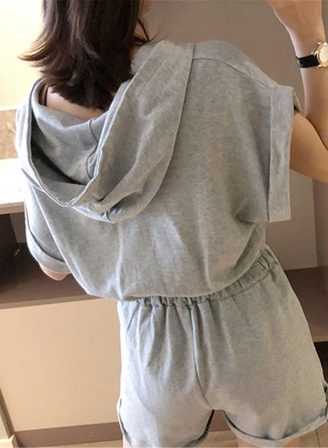 Hooded Collar Solid Casual Playsuit Grey  - Image 3