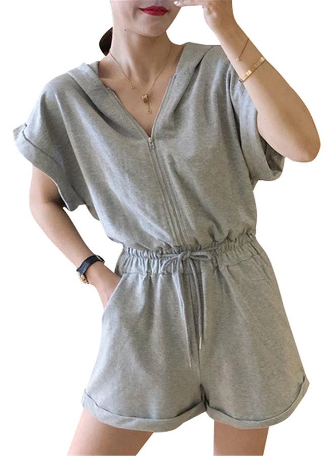 Hooded Collar Solid Casual Playsuit Grey  - Image 2