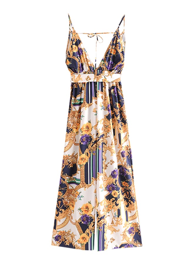 V Neck Floral Print Sleeveless Jumpsuit Multicolor - Image 1