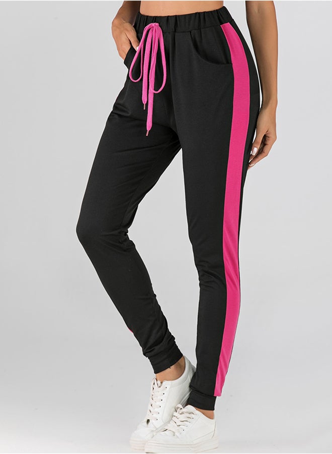 Casual Pants High Waist Waist Drawstring Colorblock Patchwork Pants Black - Image 2