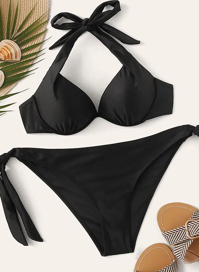 2-Piece Solid Halterneck Bikini Set Black - Image 2