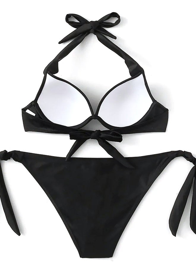2-Piece Solid Halterneck Bikini Set Black - Image 3