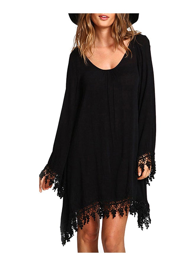 Solid Lace Floral Hem Long Sleeve Fashion Cover Up Black - Image 1