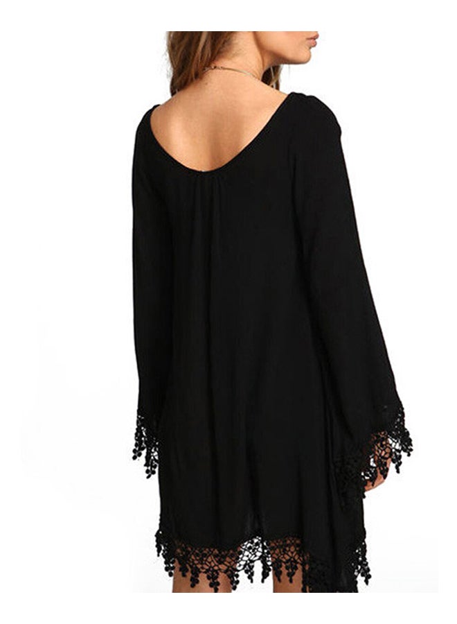 Solid Lace Floral Hem Long Sleeve Fashion Cover Up Black - Image 2