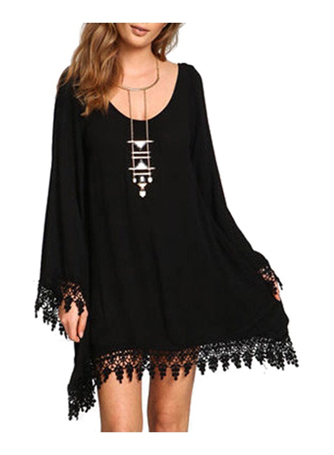Solid Lace Floral Hem Long Sleeve Fashion Cover Up Black - Image 3