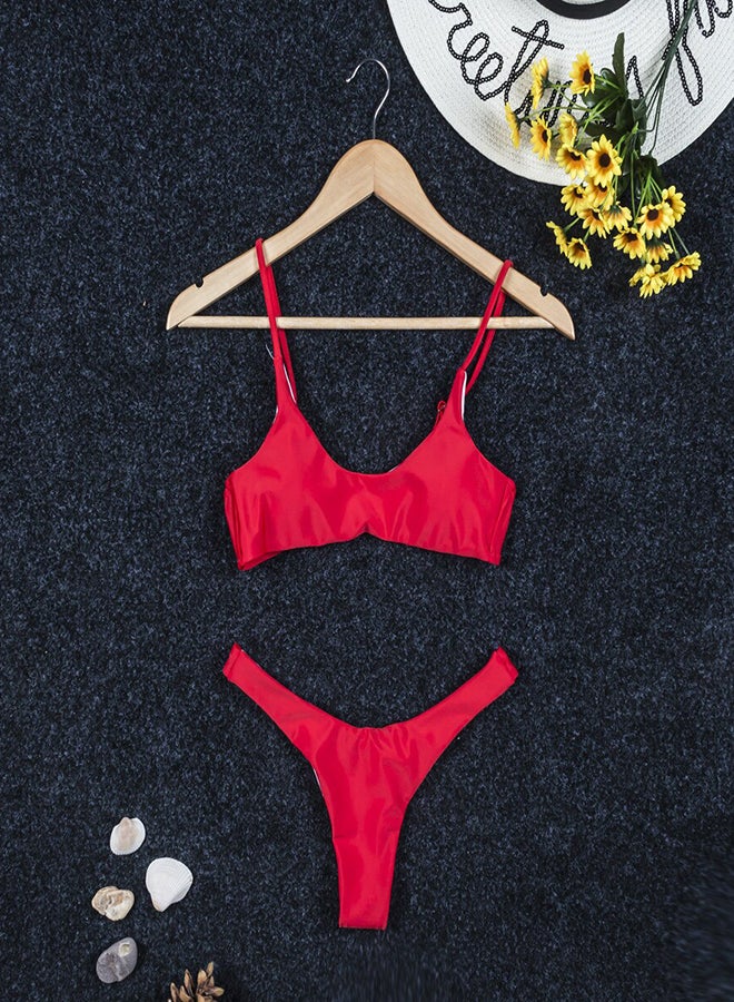 Generic - Solid Halterneck Sleeveless Slim Bikini Swimwear Red - Image 1