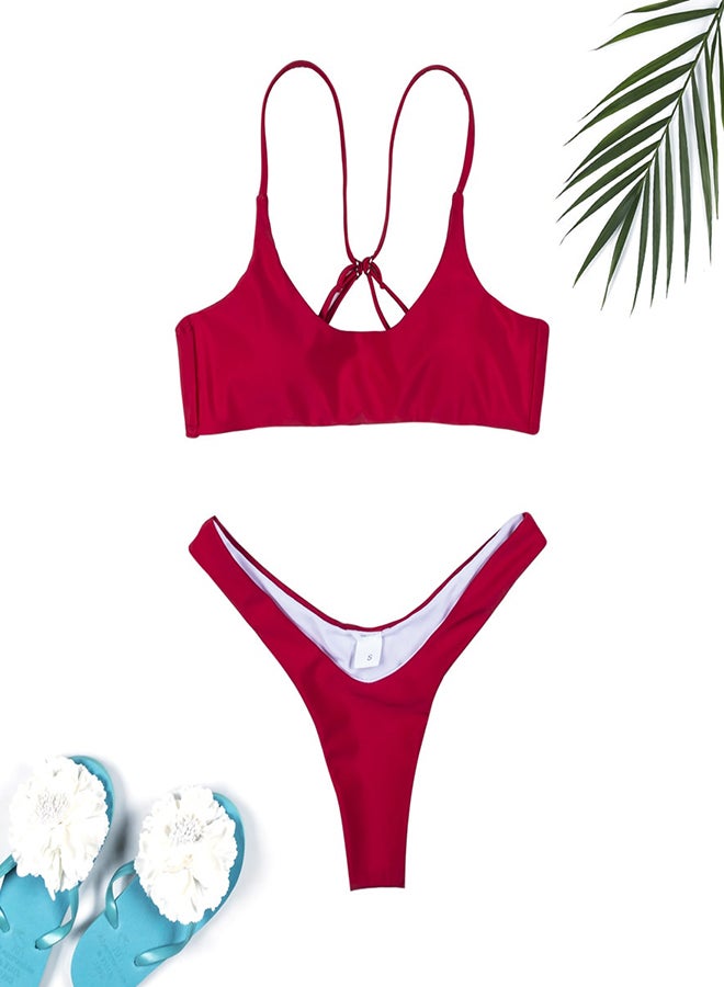 Generic - Solid Halterneck Sleeveless Slim Bikini Swimwear Red - Image 1