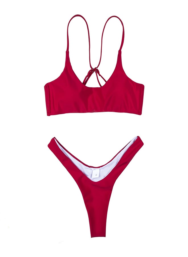 Generic - Solid Halterneck Sleeveless Slim Bikini Swimwear Red - Image 1