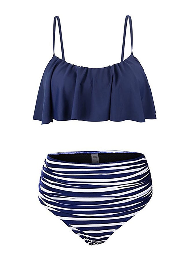Fashion Striped Crossover Straps High Waist Tankini Set Navy - Image 1