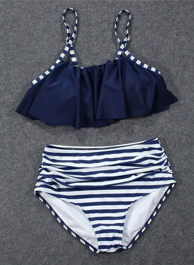 Fashion Striped Crossover Straps High Waist Tankini Set Navy - Image 2