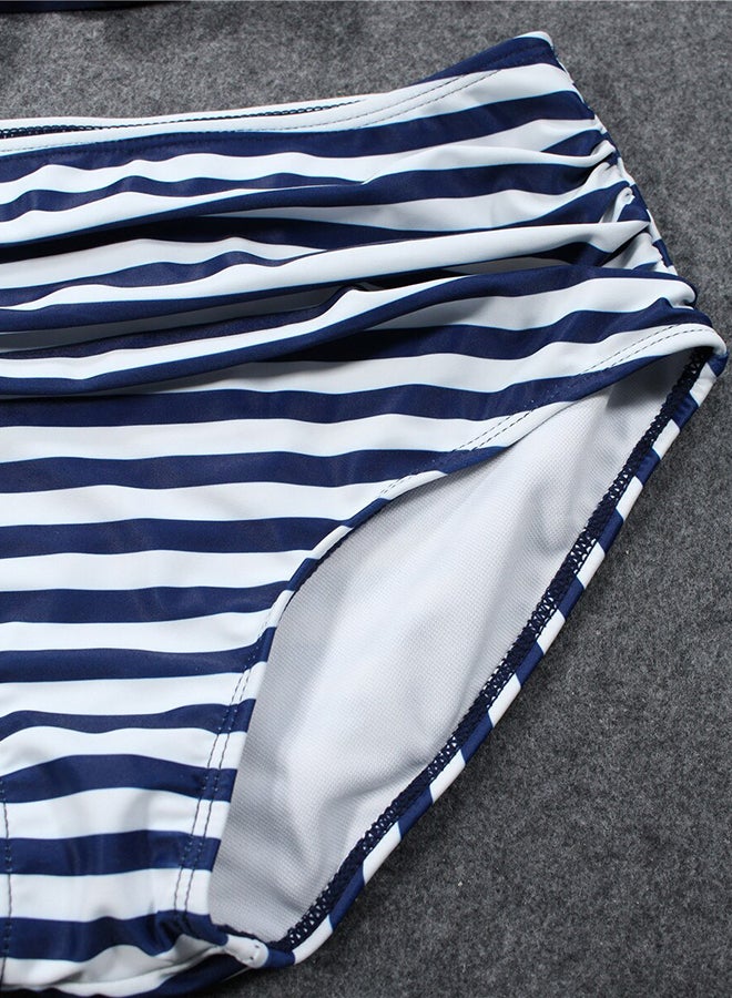 Fashion Striped Crossover Straps High Waist Tankini Set Navy - Image 3