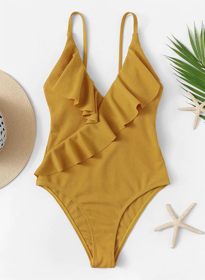 Generic - V Neck Ruffles Design Sweet Solid Swimwear Yellow - Image 1