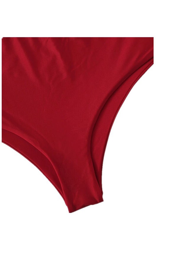 2-Piece Bikinis Solid Ruffles Design Swimwear Set Red - Image 3