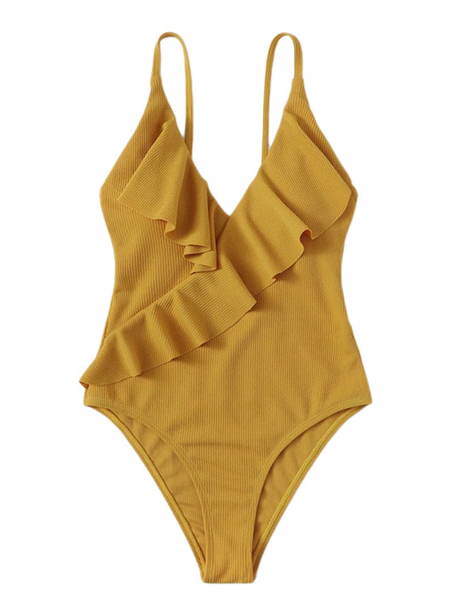 Generic - V Neck Ruffles Design Sweet Solid Swimwear Yellow - Image 1