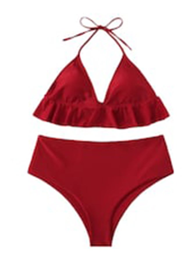 2-Piece Bikinis Solid Ruffles Design Swimwear Set Red - Image 1