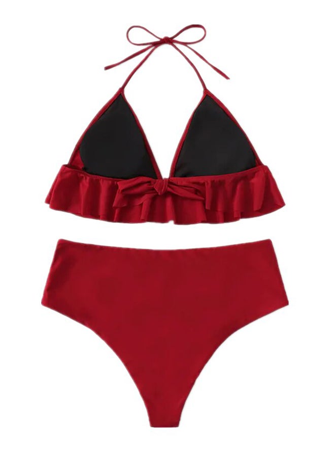 2-Piece Bikinis Solid Ruffles Design Swimwear Set Red - Image 2