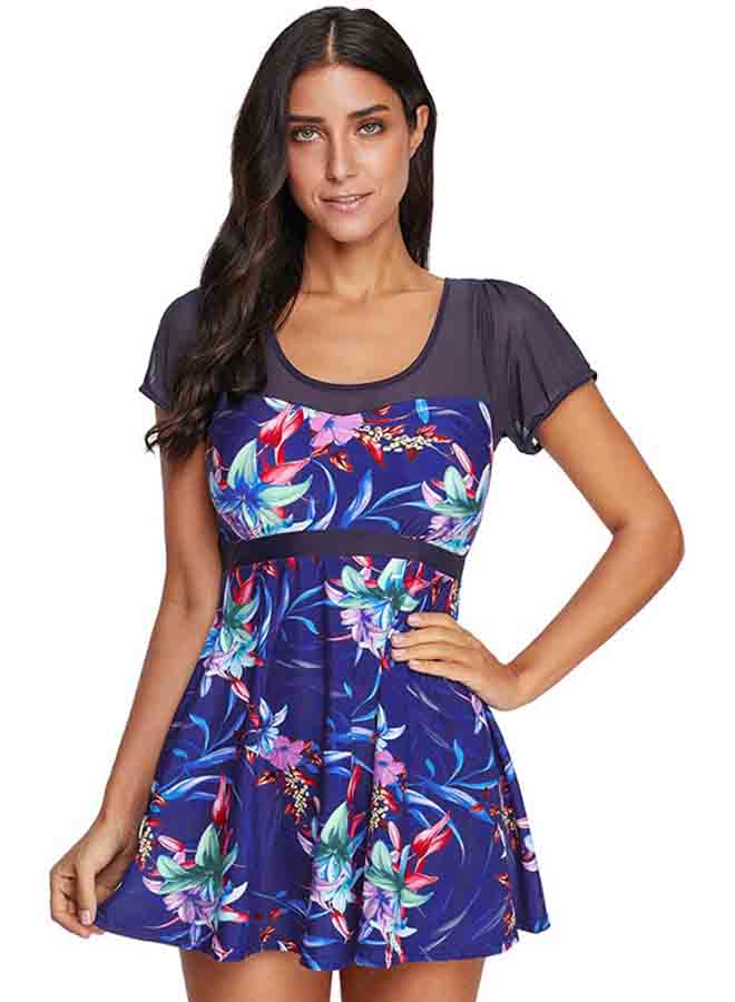 O Neck High Waist Floral Pattern Padded Beach Mini Dress Multicolor - Image 2