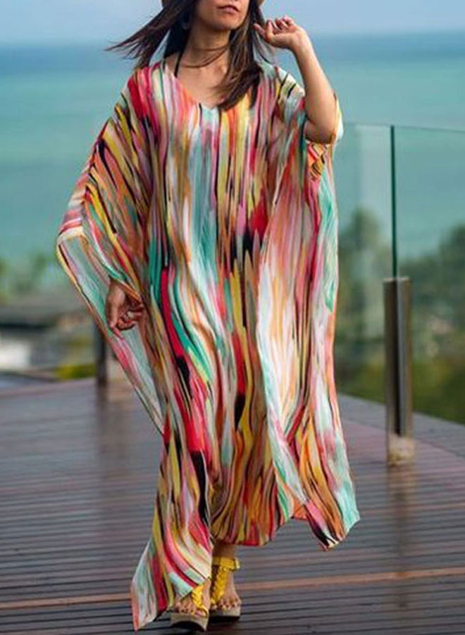 O Neck Long Sleeve Block Beach Dress Multicolour - Image 3